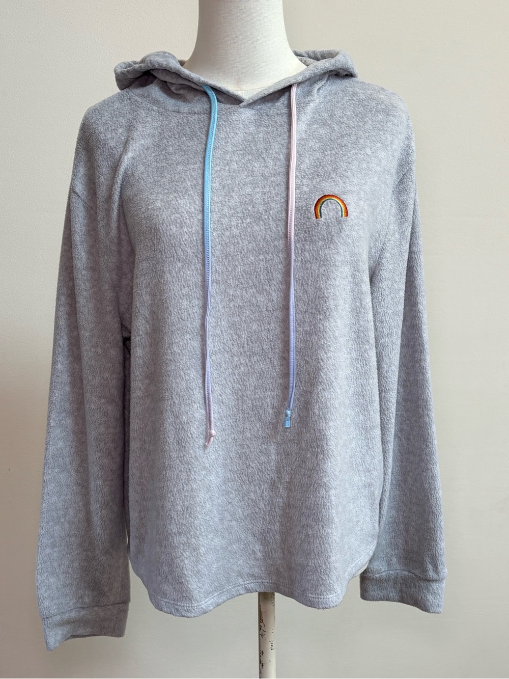 C&C California Fuzzy Hoodie Women’s L Gray Rainbow Plush Pullover